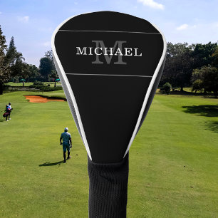 Couvre-club De Golf Élégant Monogramme d'argent noir Nom personnalisé