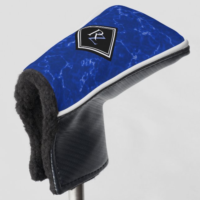 Couvre-club De Golf Élégant Monogramme de diamant noir en marbre bleu  (Devant 3/4)