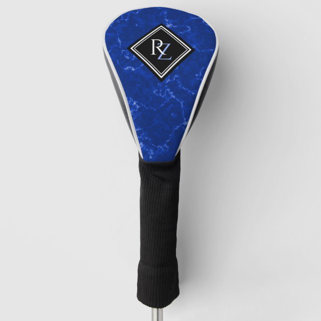 Couvre-club De Golf Élégant Monogramme de diamant noir en marbre bleu  (Devant)