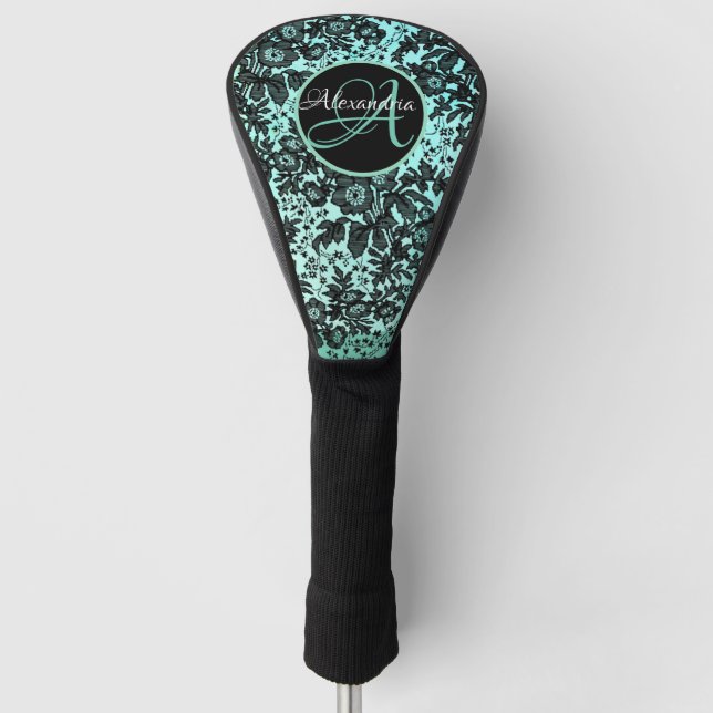 Couvre-club De Golf Élégant Monogramme floral bleu turquoise et noir   (Devant)
