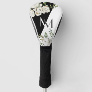 Couvre-club De Golf Élégant Monogramme floral noir et blanc