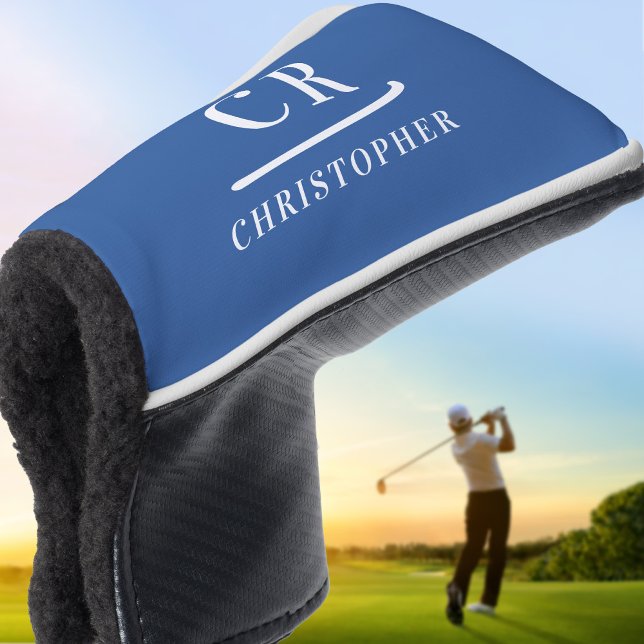 Couvre-club De Golf Élégant Monogramme moderne Nom Initiales Blue Putt (Elegant Modern Monogram Name Initials Blue Putter Golf Head Cover)