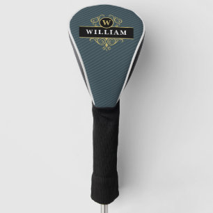 Couvre-club De Golf Élégant Monogramme Noir Or Bleu Rayure