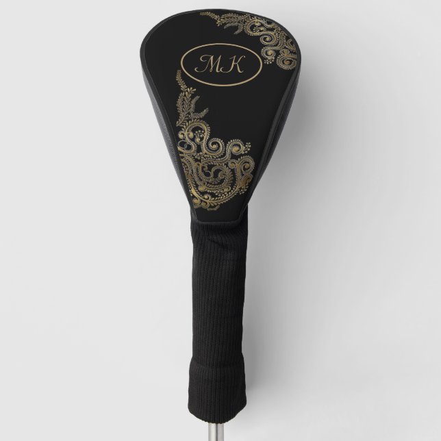 Couvre-club De Golf Élégant noir et or Monogramme (Devant)