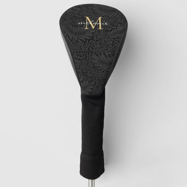Couvre-club De Golf Élégant noir floral or Script Monogramme (Devant)