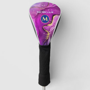 Couvre-club De Golf Encre liquide rouge violet et or, monogramme et no