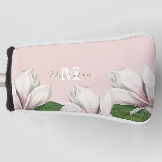 Couvre-club De Golf Fille Floral Magnolia Pink Monogramme Nom Golf He (Devant)