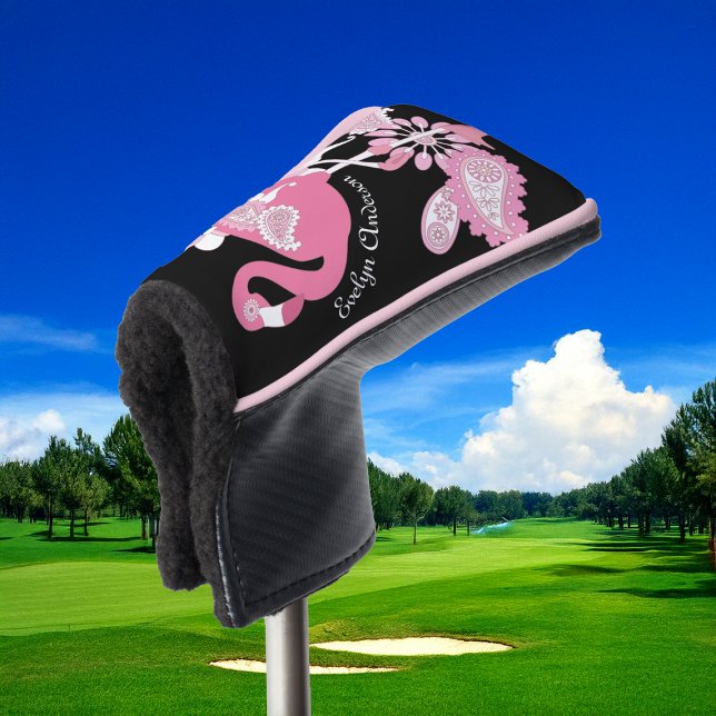 Couvre-club De Golf Flamant rose moderne personnalisé noir rose (Créateur téléchargé)