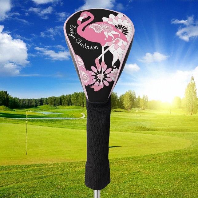 Couvre-club De Golf Flamant rose moderne personnalisé noir rose pastel (Créateur téléchargé)