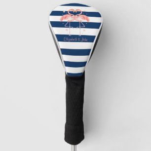 Couvre-club De Golf Flamants roses amoureux, rayures bleu marine   