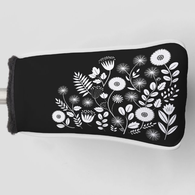 Couvre-club De Golf Fleur sauvage Boho noir et blanc (Devant)