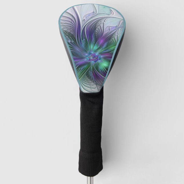 Couvre-club De Golf Fleur verte abstraite moderne fractale violette (Devant)