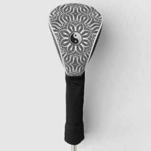 Couvre-club De Golf Fleur Yin Yang de la vie noir et blanc