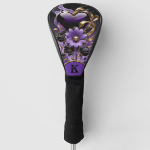 Couvre-club De Golf Fleurs de coeur pourpre et or