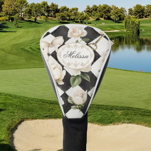 Couvre-club De Golf Fleurs de rose vintage en diamant noir et blanc Mo