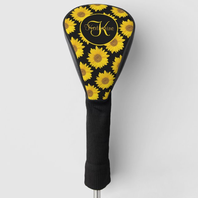 Couvre-club De Golf Fleurs de soleil jaunes sur Monogramme noir (Devant)