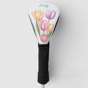 Couvre-club De Golf Fleurs de tulipes aquarelles colorées avec nom per