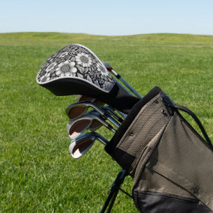 Couvre-club De Golf Fleurs et feuilles noirs et blancs
