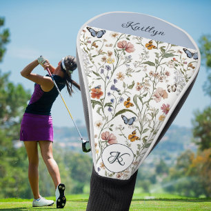 Couvre-club De Golf Fleurs Sauvages Charmantes Papillons Nom Monogramm