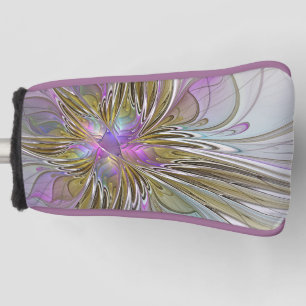 Couvre-club De Golf Floral coloré Abstrait Fractal Art rose & or