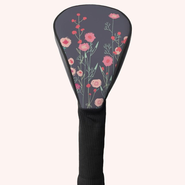 Couvre-club De Golf Flore foncé (Boho floral pink and charcoal gray golf head cover)