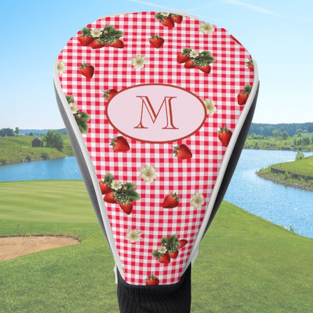 Couvre-club De Golf Fun Red En vichy Strawberries Custom Monogramme (Créateur téléchargé)