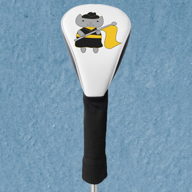 Couvre-club De Golf Garde de couleur chat noir jaune (A golf head cover with a gray cat wearing a yellow and black color guard uniform.)