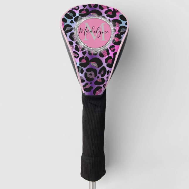 Couvre-club De Golf Glam Leopard rose et violet Monogramme (Devant)