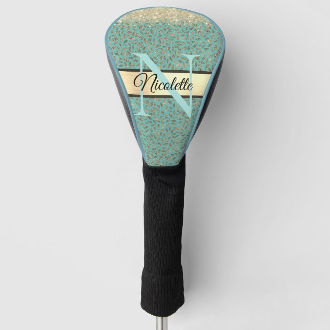 Couvre-club De Golf Glitterie or Monogramme sur Turquoise (Devant)