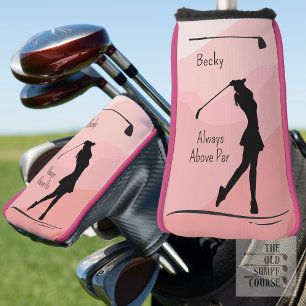 Couvre-club De Golf Golf silhouette, femme, nom, sur fond rouge