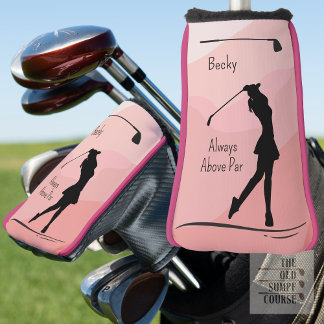 Couvre-club De Golf Golf silhouette, femme, nom, sur fond rouge