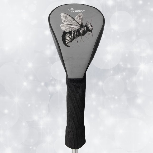 Couvre-club De Golf Gothique éffrayant Gros crâne d'abeille sur ailes  (Gothic spooky flying bee in black with skulls on wings on grey golf driver cover.)