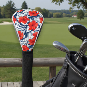 Couvre-club De Golf Hibiscus Rouge Tropical Feuillage Navy