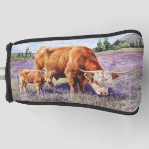 Couvre-club De Golf Highland Cow and Calf Purple Fleurs sauvages