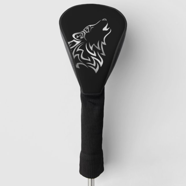 Couvre-club De Golf Howling Wolf Tribal | Noir et argent (Devant)