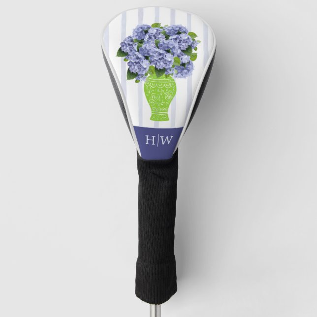 Couvre-club De Golf Hydrangea Bleu Vase Floral Monogramme Côtière (Devant)