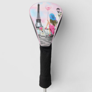 Couvre-club De Golf I Love Paris - Jolie Femme et Balloon de Coeur Ros