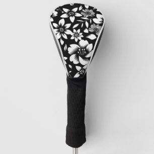 Couvre-club De Golf Impression de feuilles florales modernes noir et b