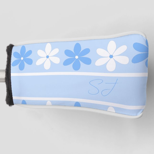 COUVRE-CLUB DE GOLF INITIALES DE FLEURS DE MOTIFS FLEURIS BLANC BLEU (Devant)