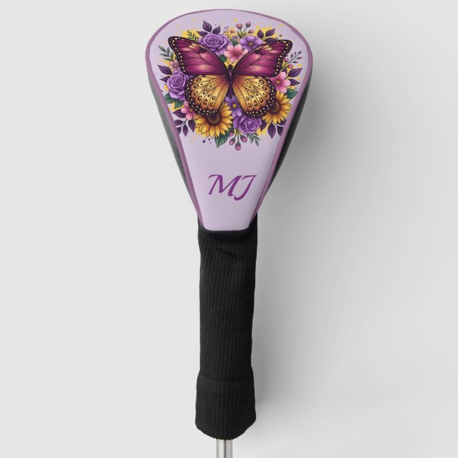 Couvre-club De Golf Initiales Monogramme Floral Papillon Élégant (Devant)