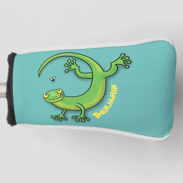 Couvre-club De Golf Joli gecko vert salutations avec dessin animé (Devant)
