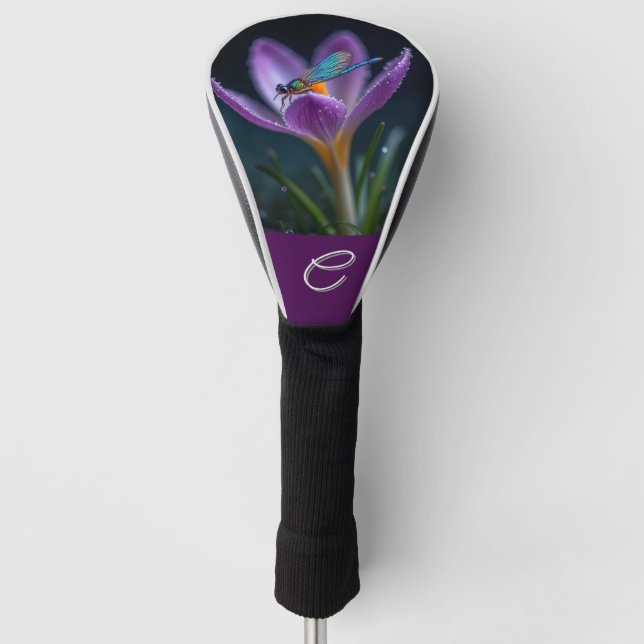 Couvre-club De Golf Libellule Crocus violet Monogramme/nom personnalis (Devant)