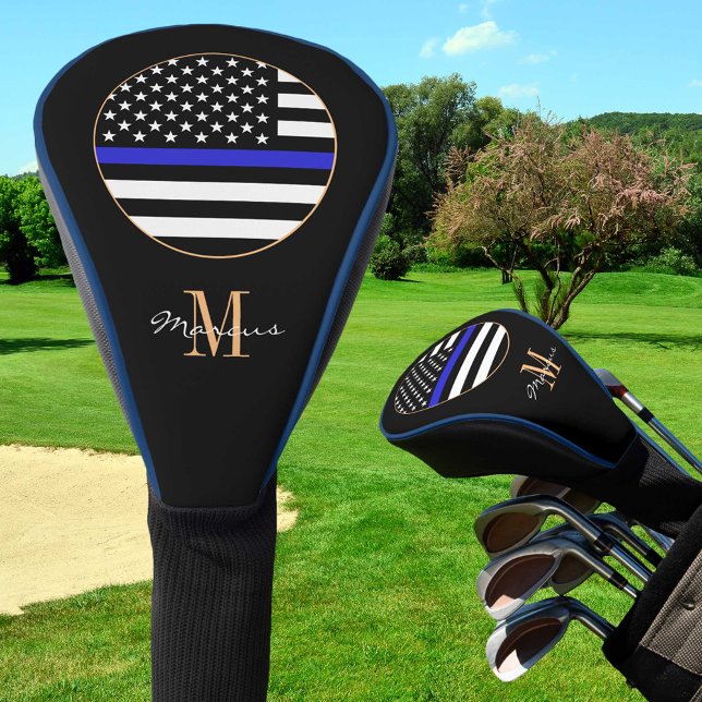 Couvre-club De Golf Ligne Bleue Mince drapeau Monogramme & Golf USA (Créateur téléchargé)