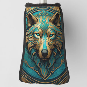 Couvre-club De Golf Loup Turquoise et Or