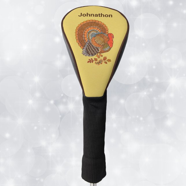 Couvre-club De Golf Majestic Homme Turquie Fanned Tail Automne Colonne (Male Turkey fanned tail Feathers in Autumn colours with leaves on golden yellow golf club cover.)