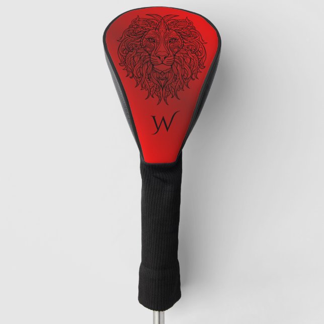 Couvre-club De Golf Mandala Lion Tête Monogramme Initial Rouge Rubis  (Devant)