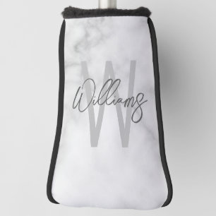 Couvre-club De Golf Marbre blanc Script Monogramme personnalisé et nom
