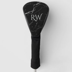 Couvre-club De Golf Marbre noir et argenté avec monogramme aiguisé