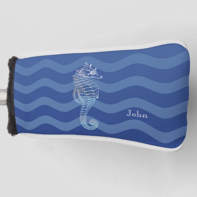 Couvre-club De Golf Marine Nautique Bleu Stripe Vagues Seahorse (Devant)