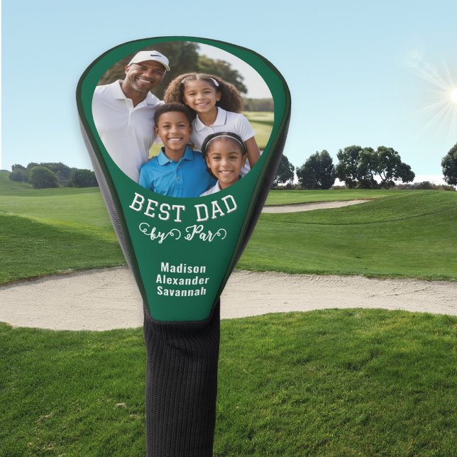 Couvre-club De Golf Meilleur papa Par Par Fête des pères Photo personn (A stylish green golf head cover, with 'Best Dad by Par' caption, personalized with photo and names)